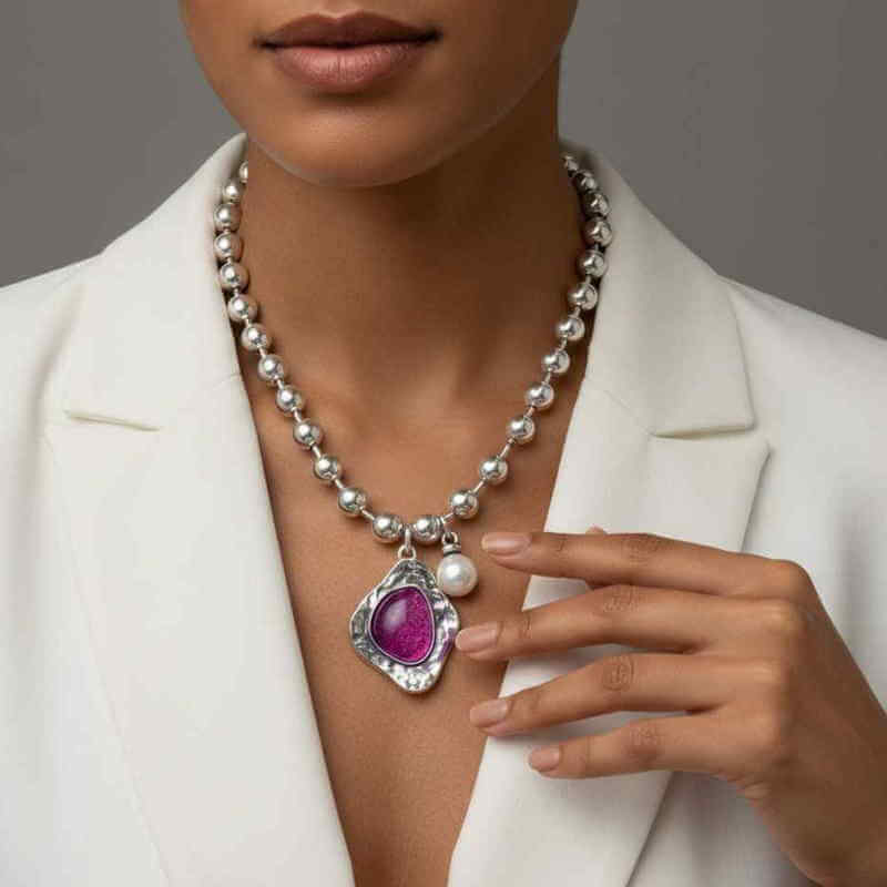 Ball Silver Necklace Purple Pendant