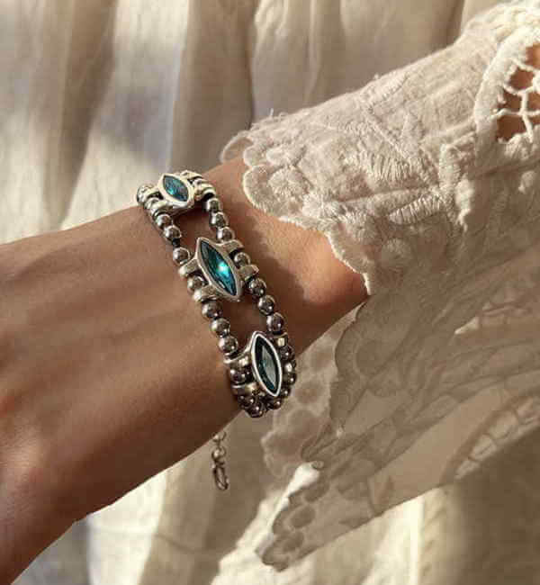 Crystal Beaded Leather Bracelet Blue Ellipse Crystal Leather Bracelet
