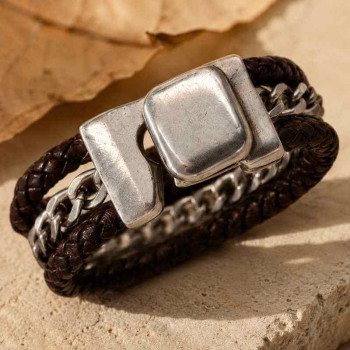 Black Biker Leather Silver Bracelet