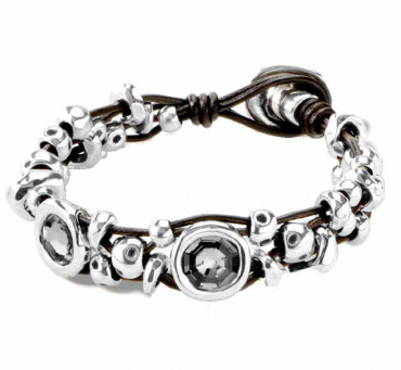 Leather Bracelet Two Grey Crystals