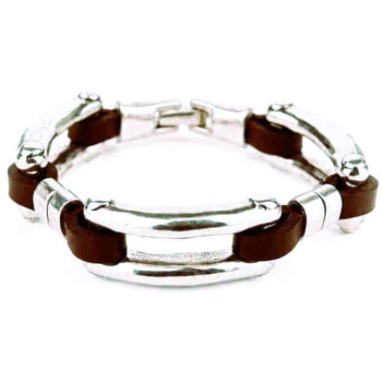 Pulsera Cuero Eslabones Plata