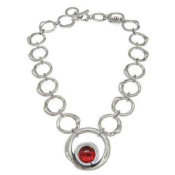 Short silver link necklace red cabochon