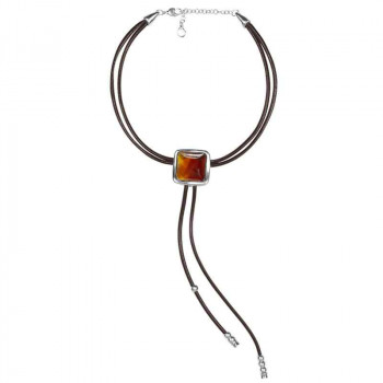 Leather Necktie Necklace Cognac Crystal