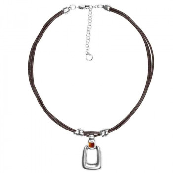 Collier pendentif cuir cristal cognac