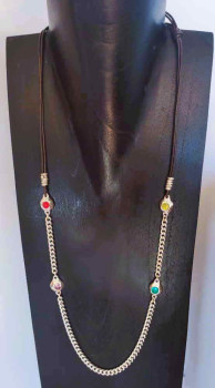 Leather Silver Necklace Multicolor Beads