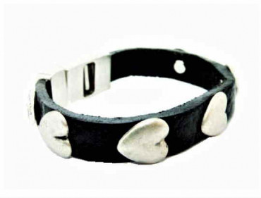 leather bracelet with silver hearts