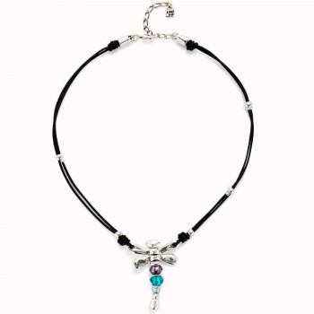 Collier cuir noir libellule