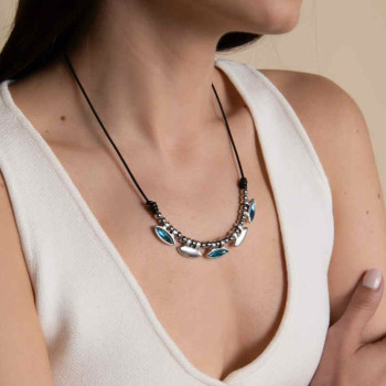 Collier Cuir Pendentifs Cristal Bleu