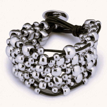 Bracelet large cuir perles argent