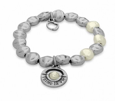 Chunky silver beaded bracelet white pearl