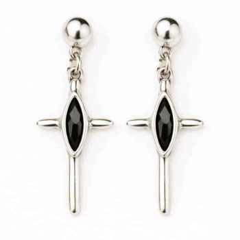 Silver Cross Earrings Black Crystal