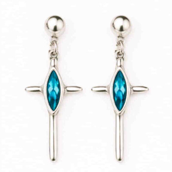 Silver Cross Earrings Crystal Blue