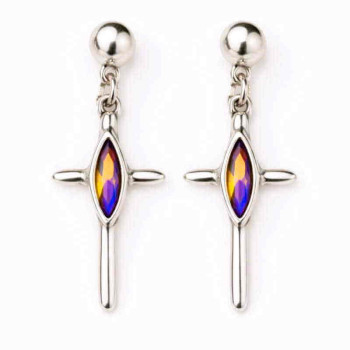 Silver Cross Earrings Crystal Pink