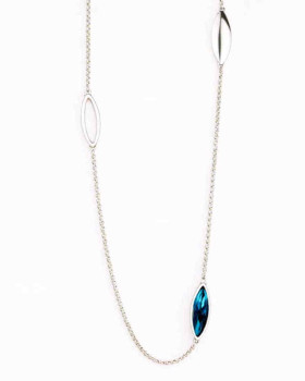Long Silver Necklace Blue Oval