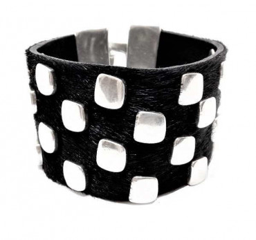 Black Cowhide Leather Studs Bracelet