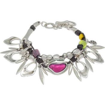 Pulsera hileras cuero colgantes plata