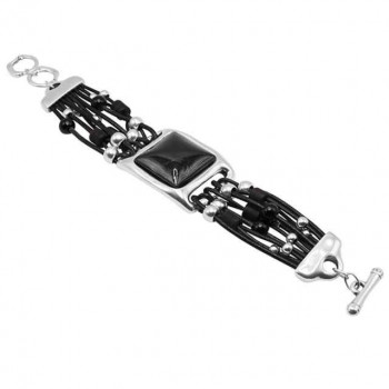 Pulsera cuero hileras cristal negro