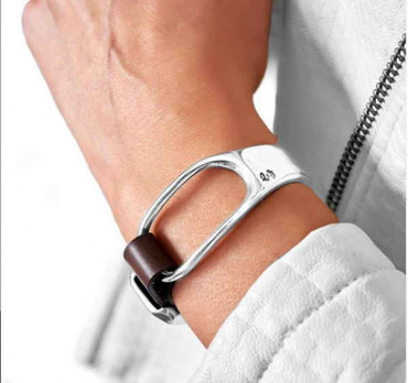Rectangle leather silver cuff bracelet