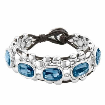Silver beaded leather bracelet 5 crystals