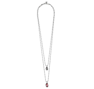 Collier long avec cristales de Swarovski de couleur grise et rose.