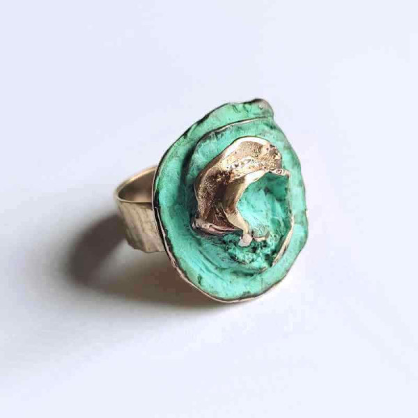 Turquoise bronze ring with gold rose