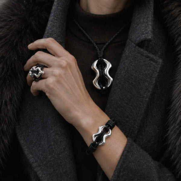 Three-Row Black Leather Bracelet