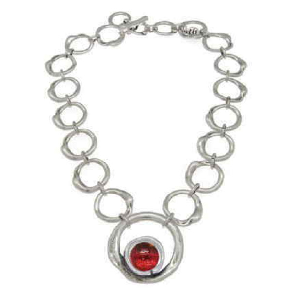 Short silver link necklace red cabochon