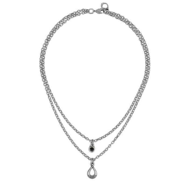 Double Chain Silver Necklace Grey Pendant