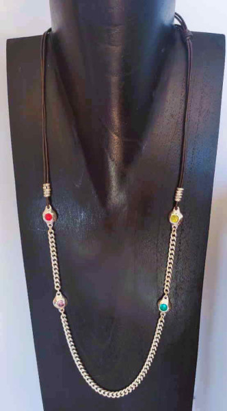 Leather Silver Necklace Multicolor Beads