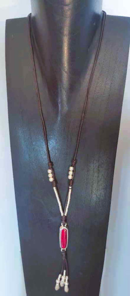 Collar Cuero Colgante Cristal Rojo