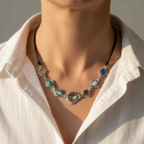 Leather Choker Colorful Crystals