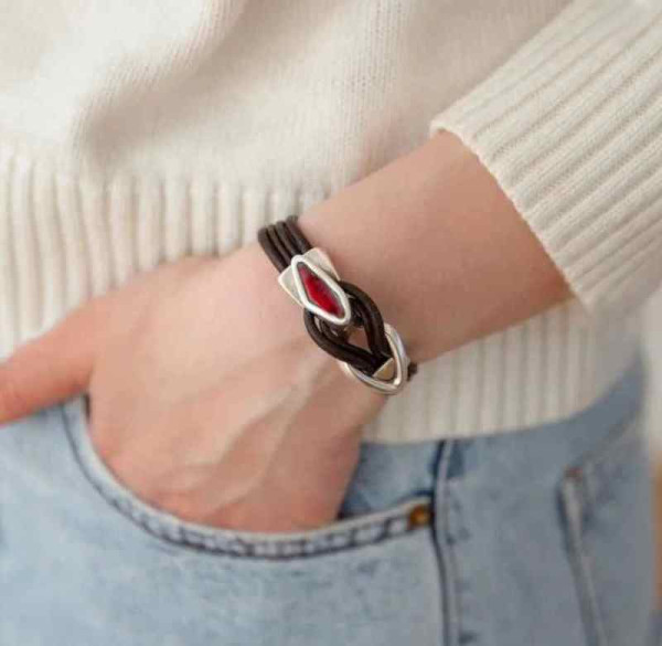 Pulsera Cuero Cristal Rosado