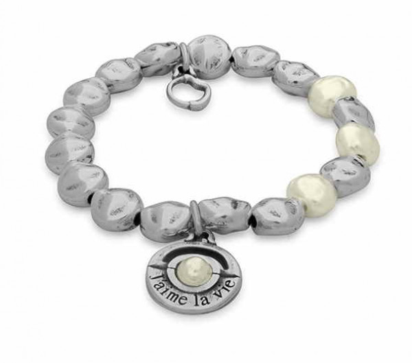 Chunky silver beaded bracelet white pearl