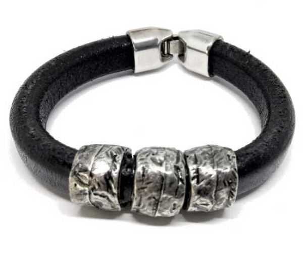 Pulsera Cuero Tres Cuentas Plata