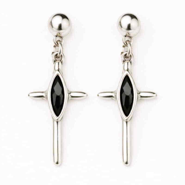 Silver Cross Earrings Black Crystal