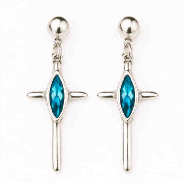 Silver Cross Earrings Crystal Blue