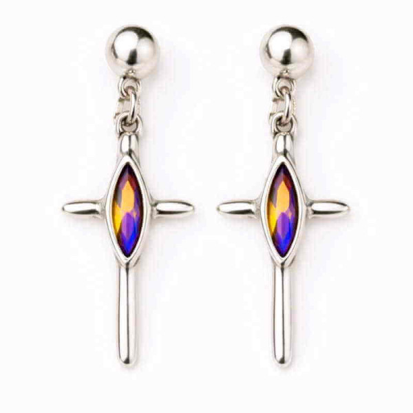 Silver Cross Earrings Crystal Pink