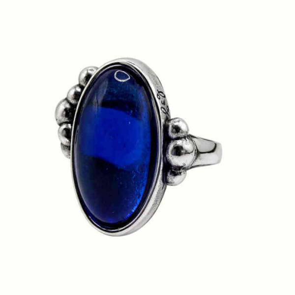 Blue Beaded Oval Silver Ring