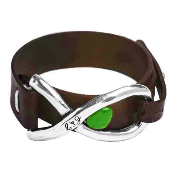 Black Leather Bracelet Green Stone