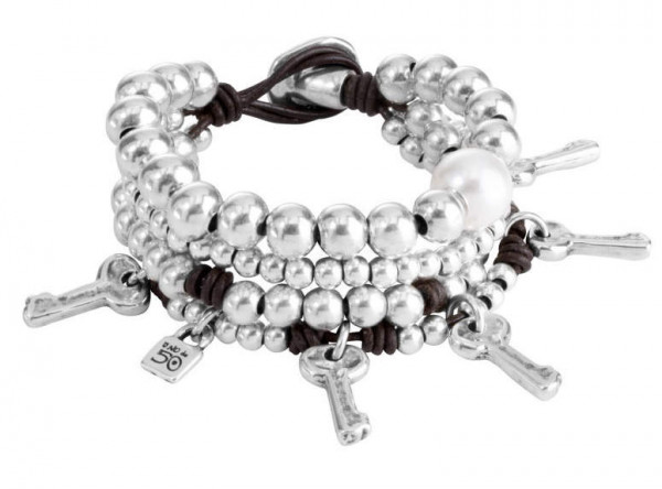 4-strand Leather Bracelet Silver Beads Charms