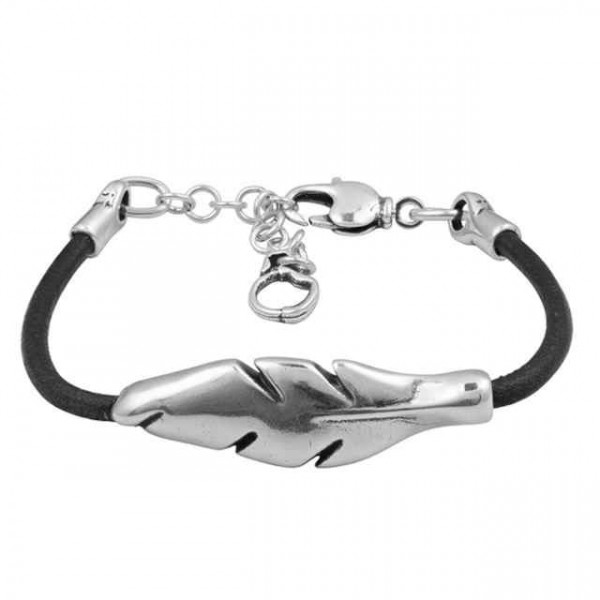 Pulsera cuero negro abalorio pluma