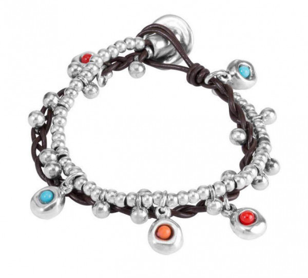 Bracelet cuir tresse, perles argent