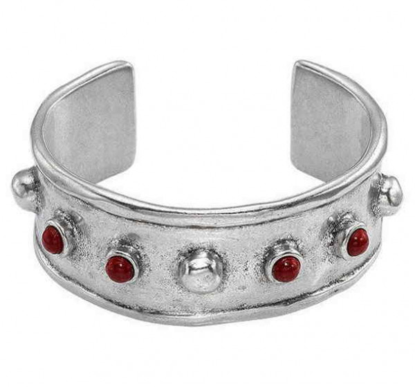 Open silver cuff bangle red beads