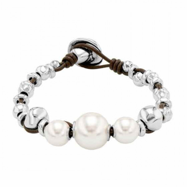 Pulsera Cuero Tres Perlas Blancas