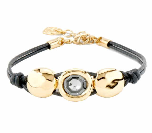 Bracelet cuir perles d'or cristal anthracite