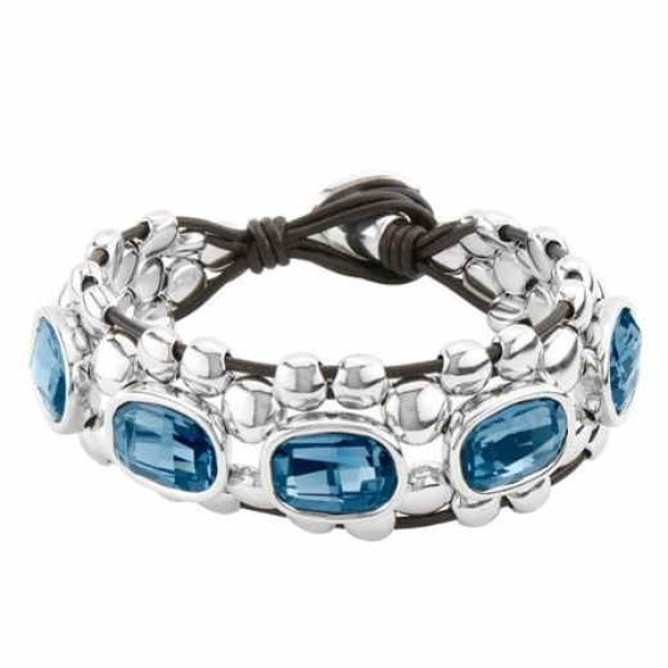 Silver beaded leather bracelet 5 crystals