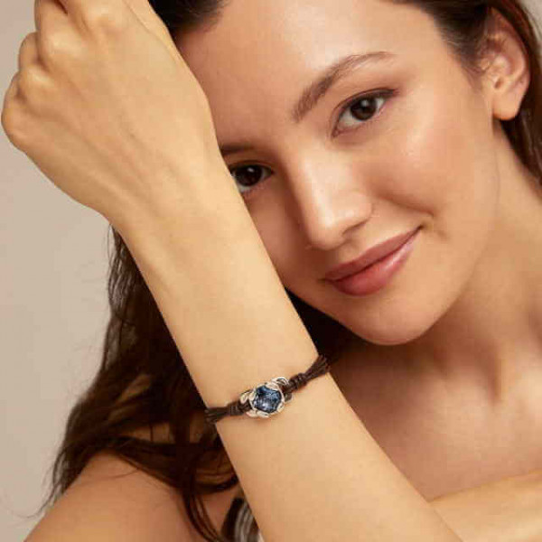 Multi strand leather bracelet blue crystal