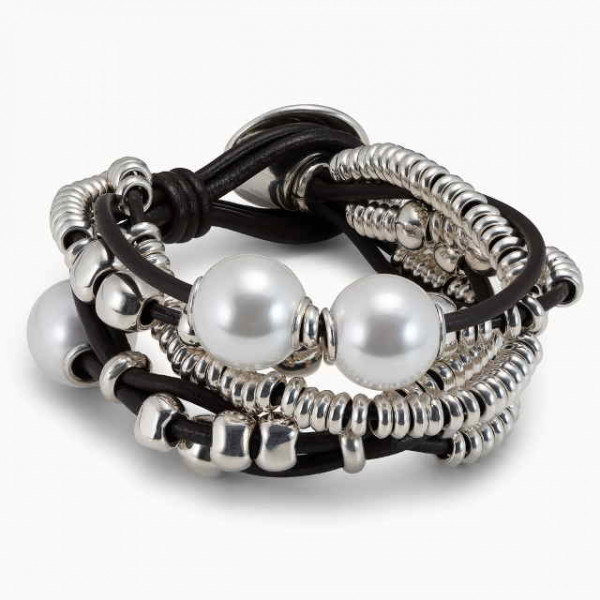 Three White Pearl Leather Bracelet
