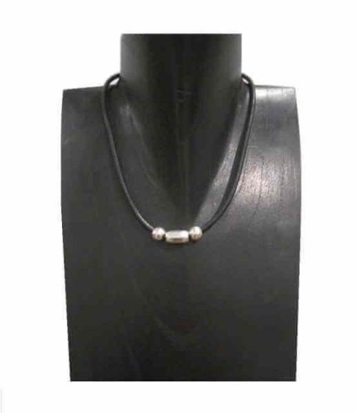 Collier Cuir Noir Perles Argentées