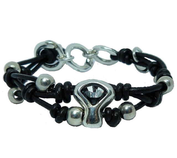 Leather Bracelet Grey Swarovski Crystal